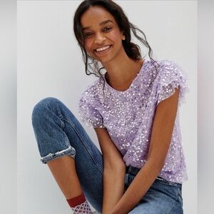 Anthropologie Pamela Sequin Blouse small short sleeve lilac glitter sparkle